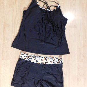 Leopard Tankini - Size 2XL - Criss Cross Back - Built in Bra - Boy Shorts - New